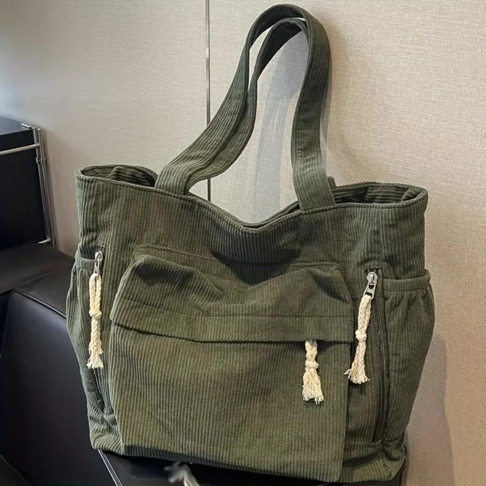 Corduroy Work Shoulder Bag Large Capacity Casual Tote Bag Handbags Solid Color with Multiple Pocket Crossbody Bag For Women