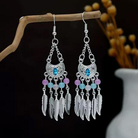 Peacock Tassel Earrings with Hollow Leaf Design in Retro Ethnic Style Imitation Silver for Women