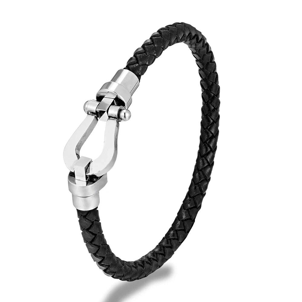 Classic Brand Horseshoe Clasp Genuine Leather Cord Bracelet Men Women Stainless Steel Wristband Handmade Creative Lover Jewelry