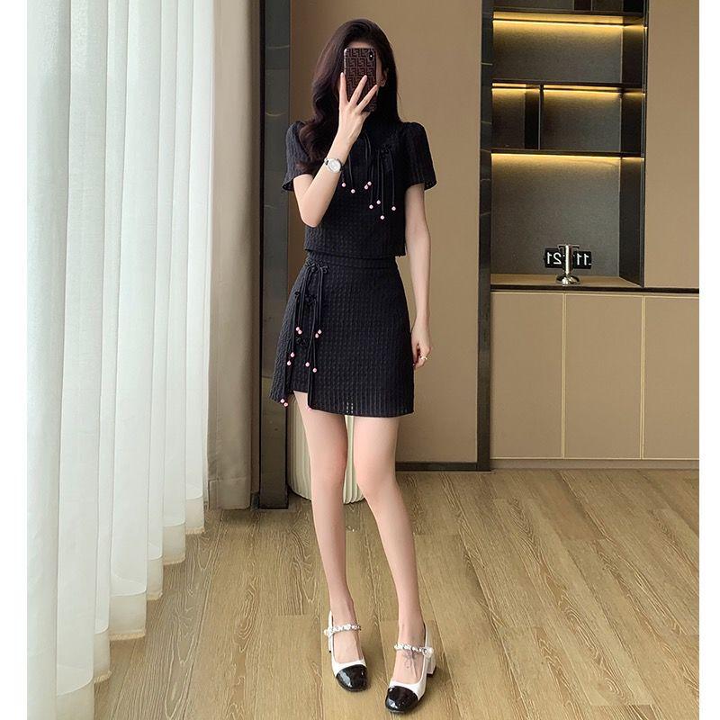 Elegant Black Chinese Style Women's Summer Suit Set, 2026, Lightly Mature Two-Piece Skirt