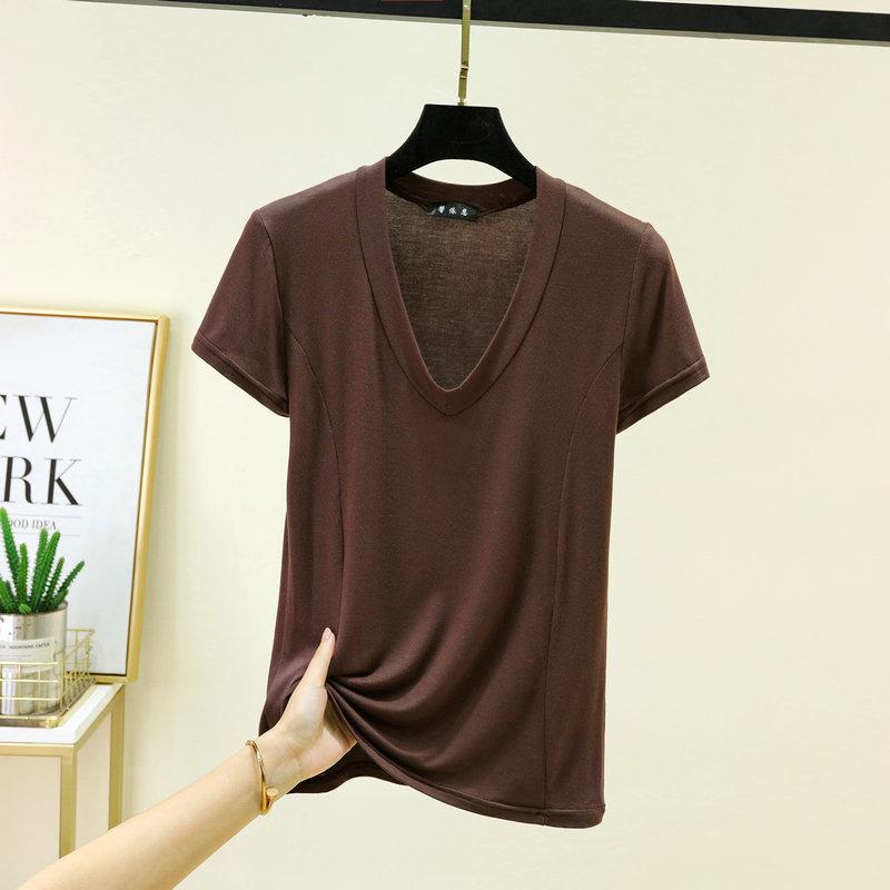 Plus size L to 6XL Modal V-Neck T-shirt Short sleeved Tees Women Ultra-thin Layering Top solid color base layer tops