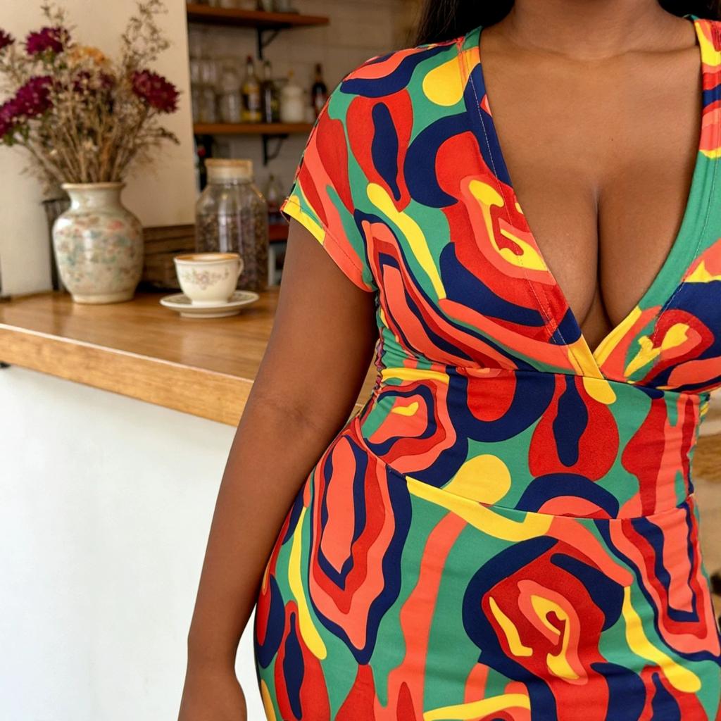 Neues bedrucktes Damenkleid in großer Größe, europäisch und amerikanisch, V-Ausschnitt, figurbetont, mittellanger Rock, modisches Temperament D