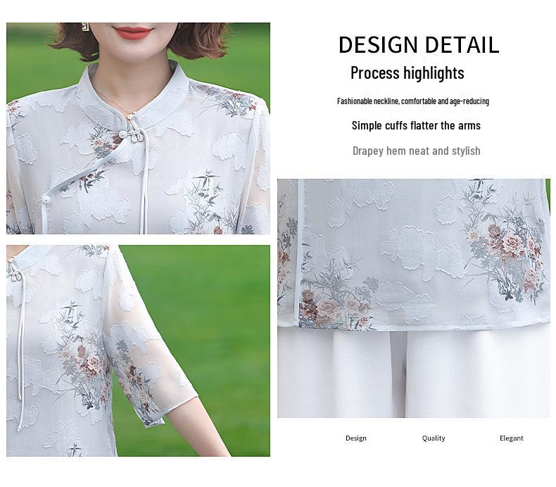 Elegant Chinese-Style Chiffon Blouse for Middle-Aged and Elderly Women - Summer Fashion
