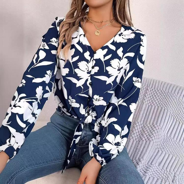 Women V-Neck Long Sleeve Blouse Stylish Print Shirt for Spring Autumn Season