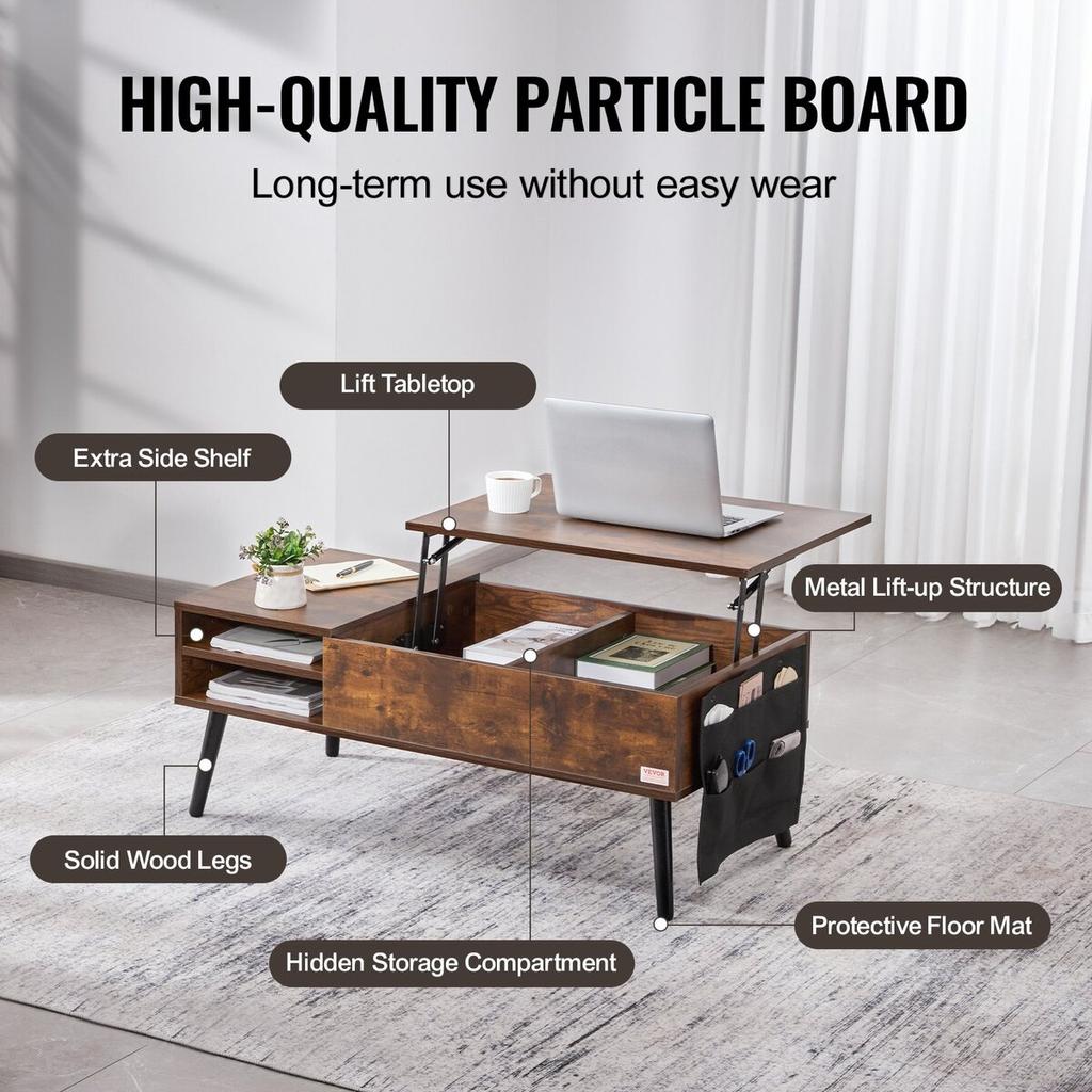 Lift Top Coffee Table 39.4 In Rectangle Coffee Table for Living Room Brown