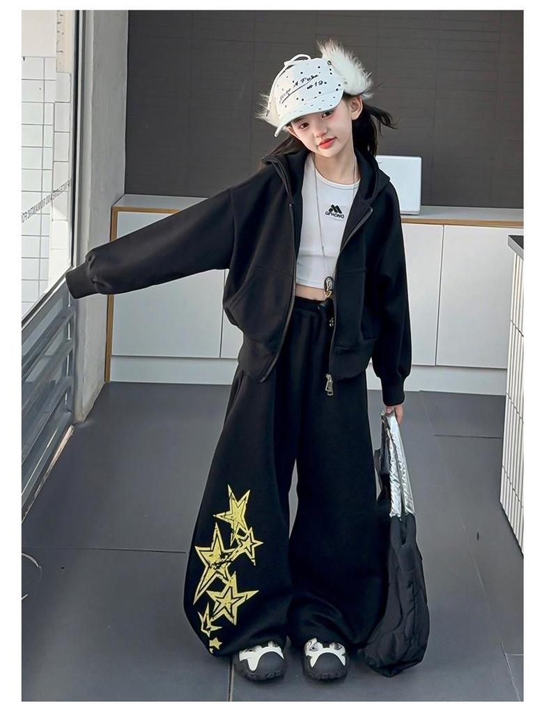 Girls' Spring & Autumn 2025 Set: Korean Style Hooded Jacket with Star Scimitar Pants for Middle & Big Kids