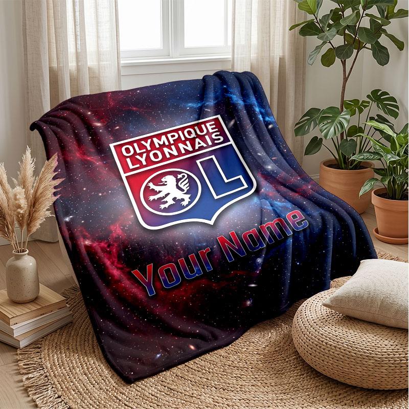 Lyon FC Custom Name Text Flannel Blanket Soccer Logo Personalized Fleece Throw Blanket Special Gift For Sofa Bedroom Home