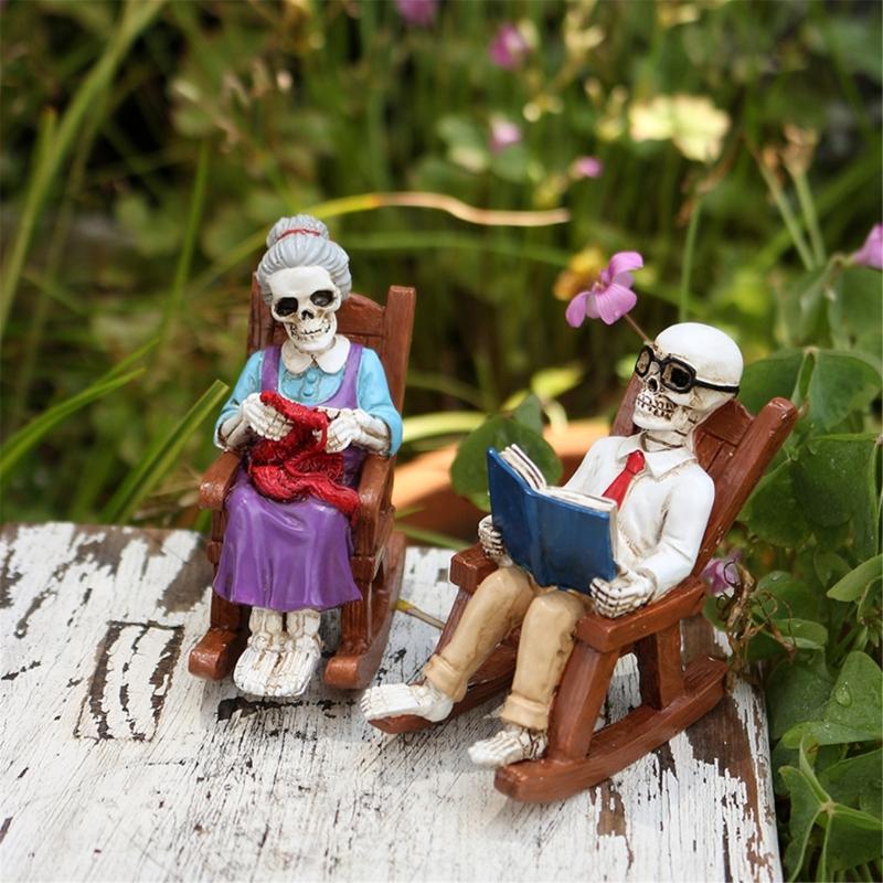 2 Piece Gothic Skeleton Couple Sitting In Rocking Chair With Book Figurine Sculpture Horror Home Decors Resins Ornaments