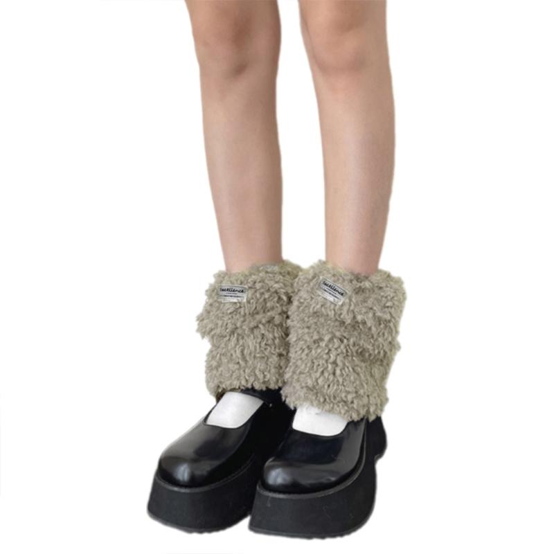Women Furry Leg Warmers with Letter Label Aesthetic Winter Warm Fuzzy Plush Boot Cuffs Leg Gaiters Socks Streetwear
