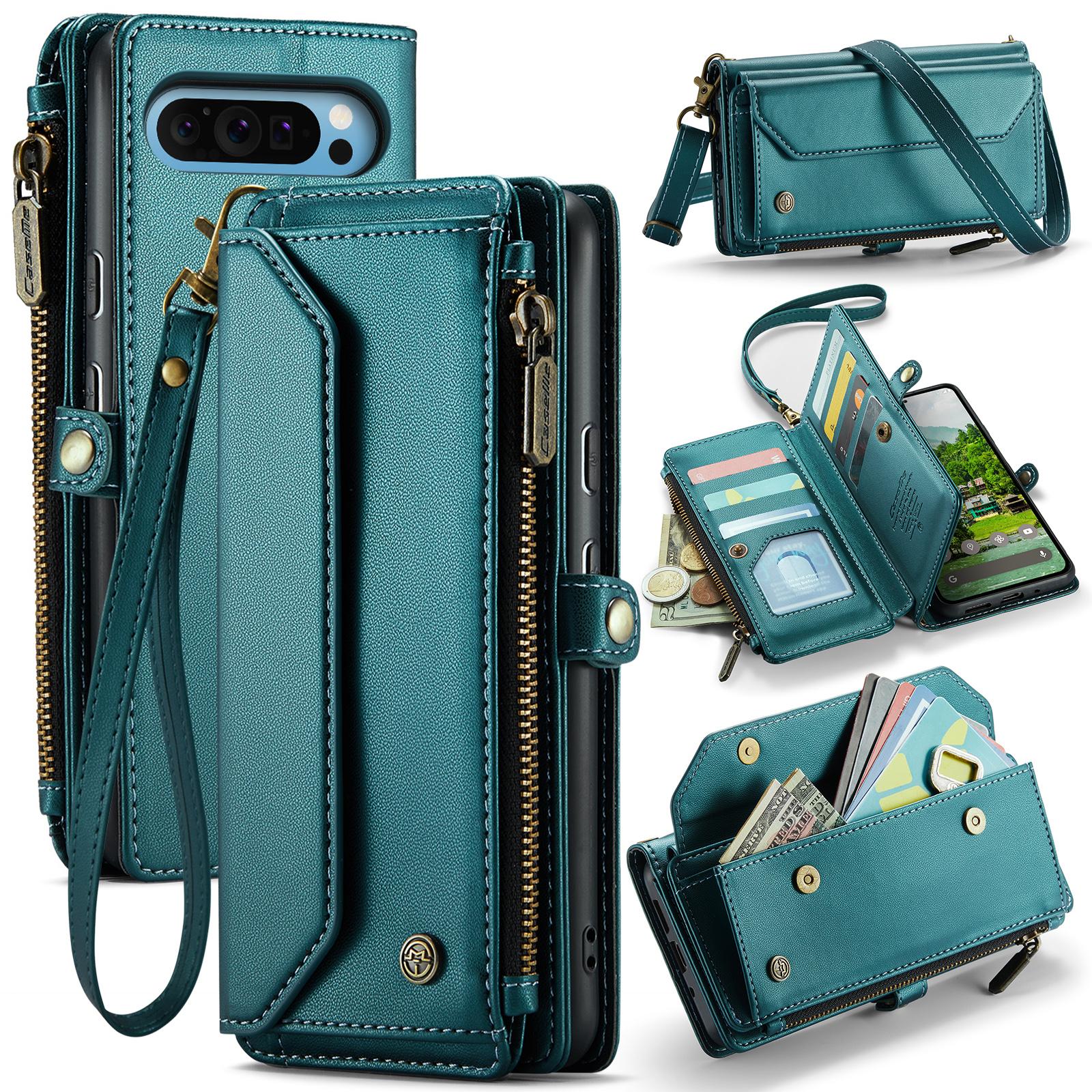 

For Google Pixel 10 Pro XL Leather Case CASEME C36 Zipper 10 Card Slots Phone Cover with Straps Green