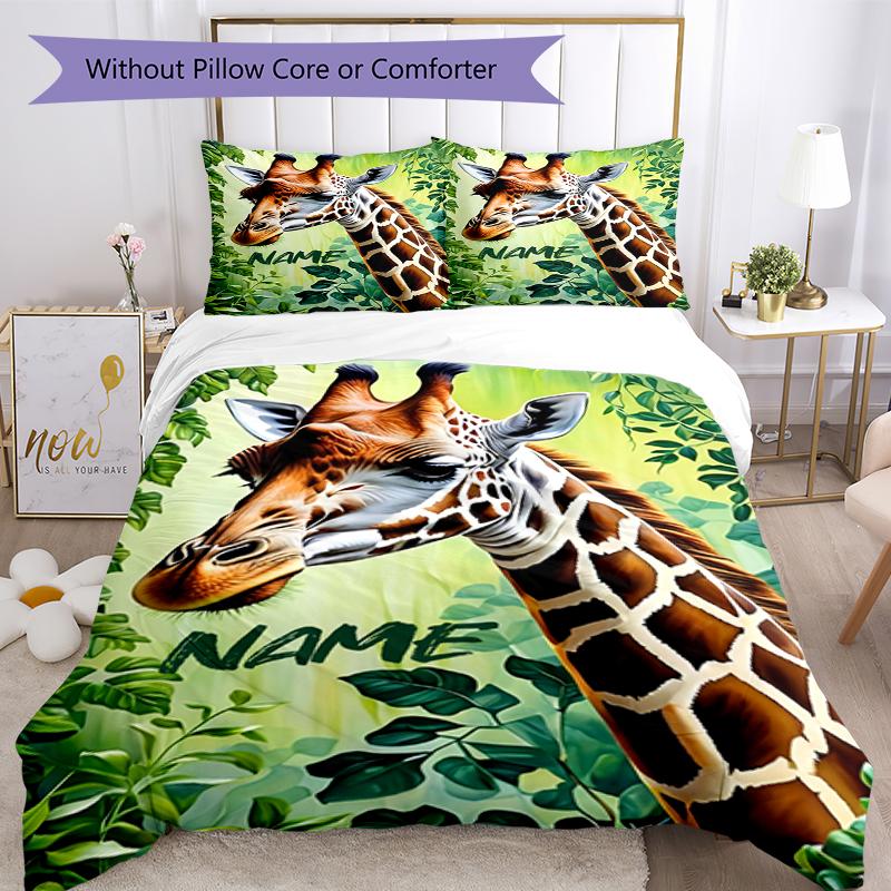 3pcs Custom Name Giraffe Bedding Set Duvet Cover Closure Includes 1 Duvet Cover & 2 Pillowcases, Soft and Comfortable for All Seasons.