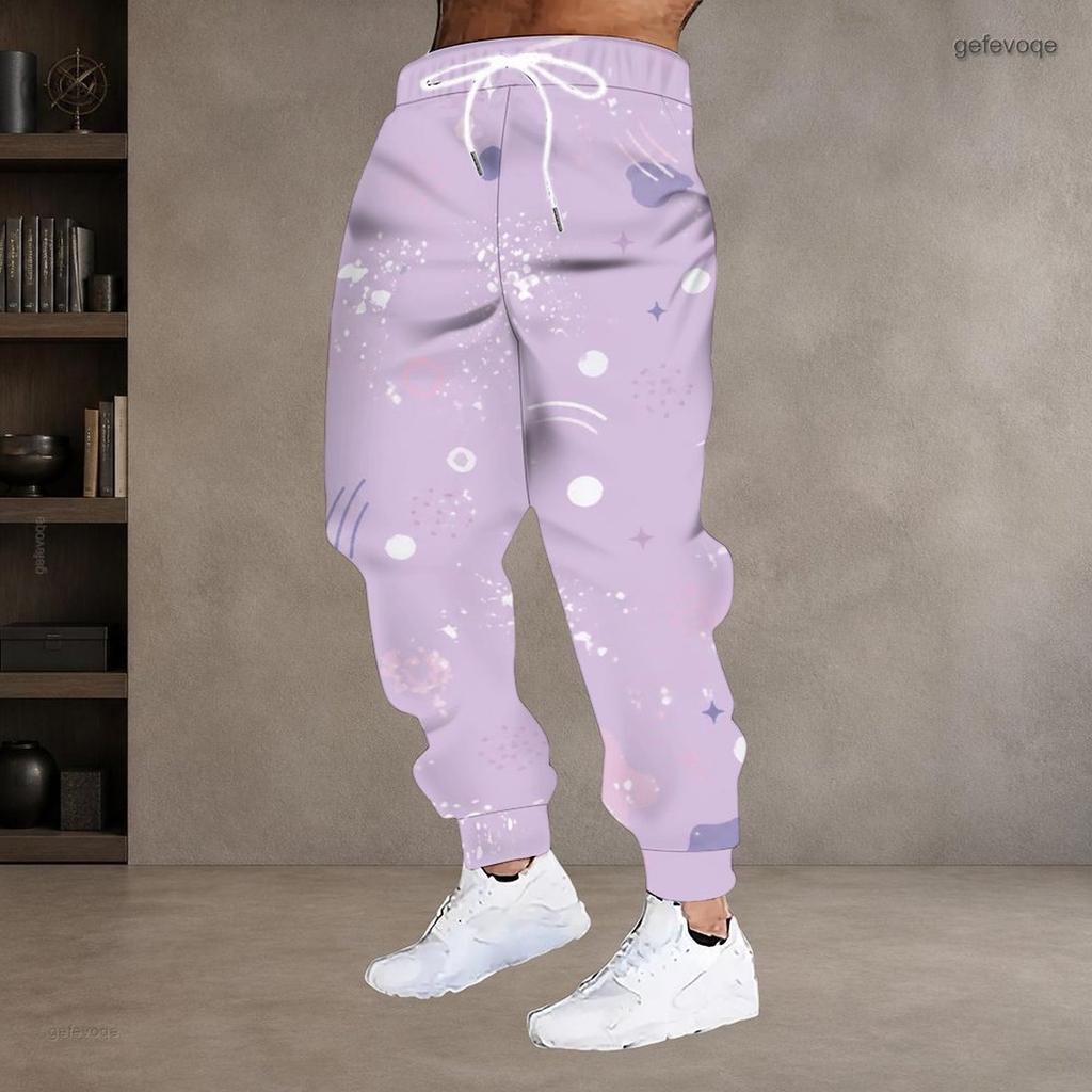Men S Plus Size Abstract Printed Drawstring Jogger Pants White Grey Beige Cuffed Ankle Side Pockets Trousers