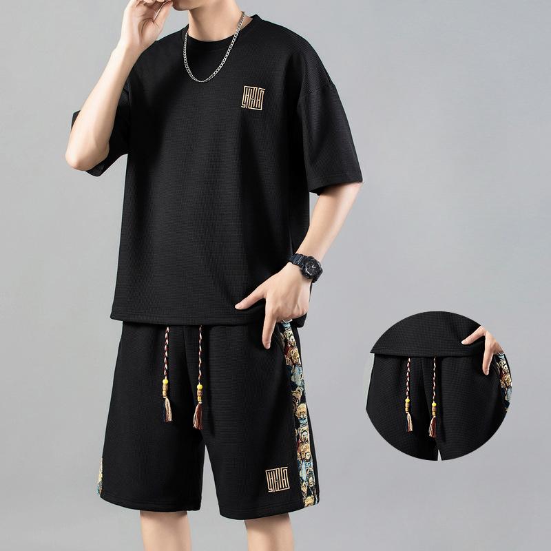 

Повседневный костюм в китайском стиле, мужская летняя тонкая спортивная футболка с короткими рукавами, свободные брюки длиной пять дюймов, мужской комплект из двух предметов S