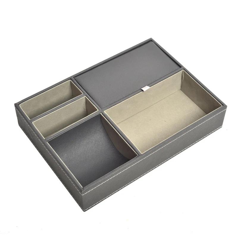 Men's Valet Tray Desktop PU Leather Wood Tray Organizer Jewelry Box Nightstand Organizer For Phone Keys Wallet Glasses Multifun