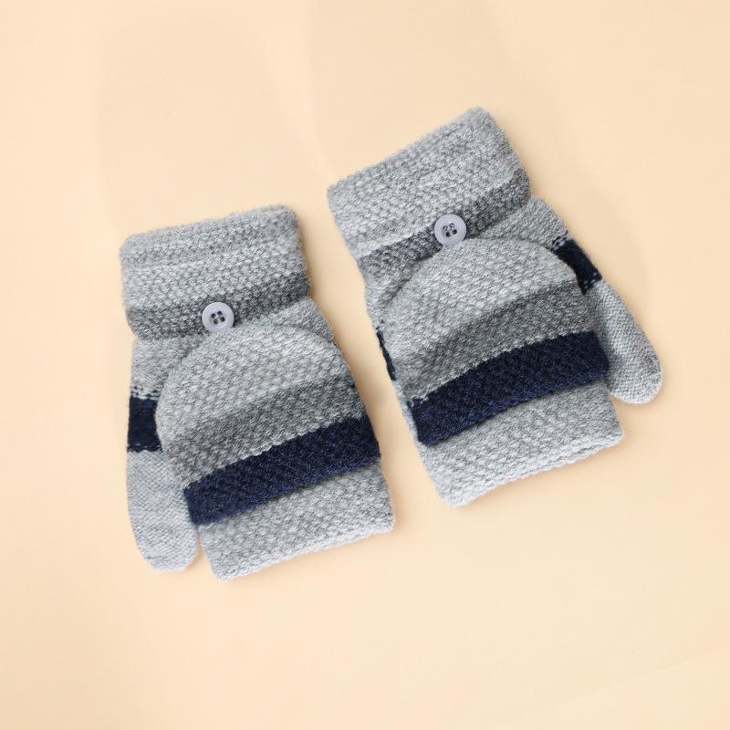 Gestreifte gestrickte doppellagige verdickte warme Halbfinger-Kindergarten-Jungen- und Mädchen-Winterkälte-Kinder-Klapphandschuhe
