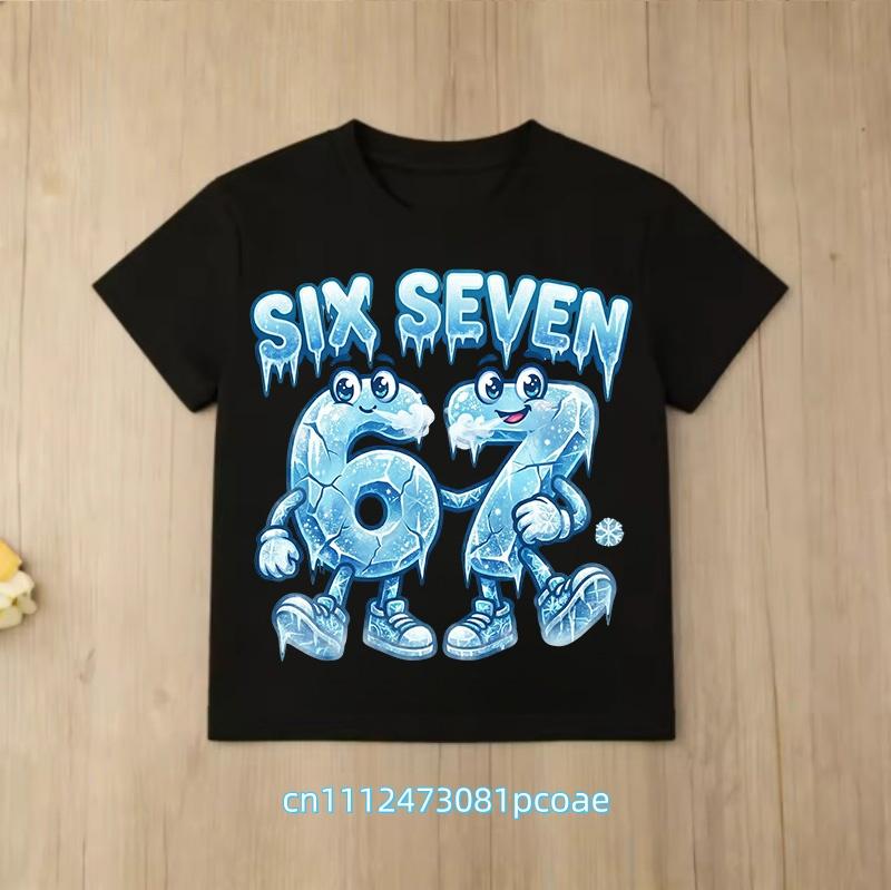 summer short sleeve, cartoon print 2026 personalized digital 67 T-shirt for boys and girls, family style, casual top