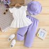 Beautiful Baby Girl Casual Solid Color Flutter Sleeve Top Solid Color Pants Sun Hat Three-Piece Set