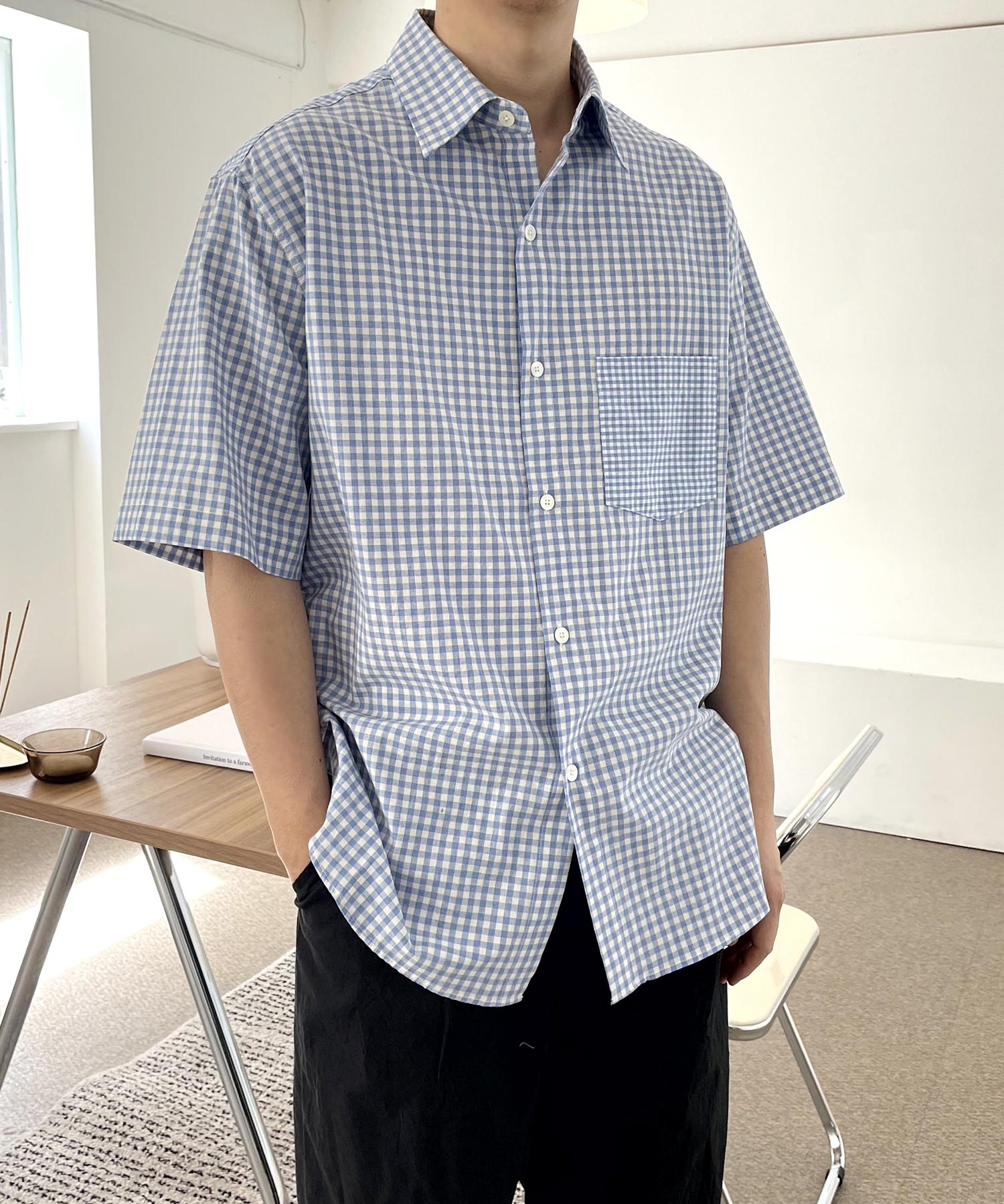 United Garments French Gingham Washed Half Shirt (Gingham Sky Blue) Gingham Sky Blue/38
