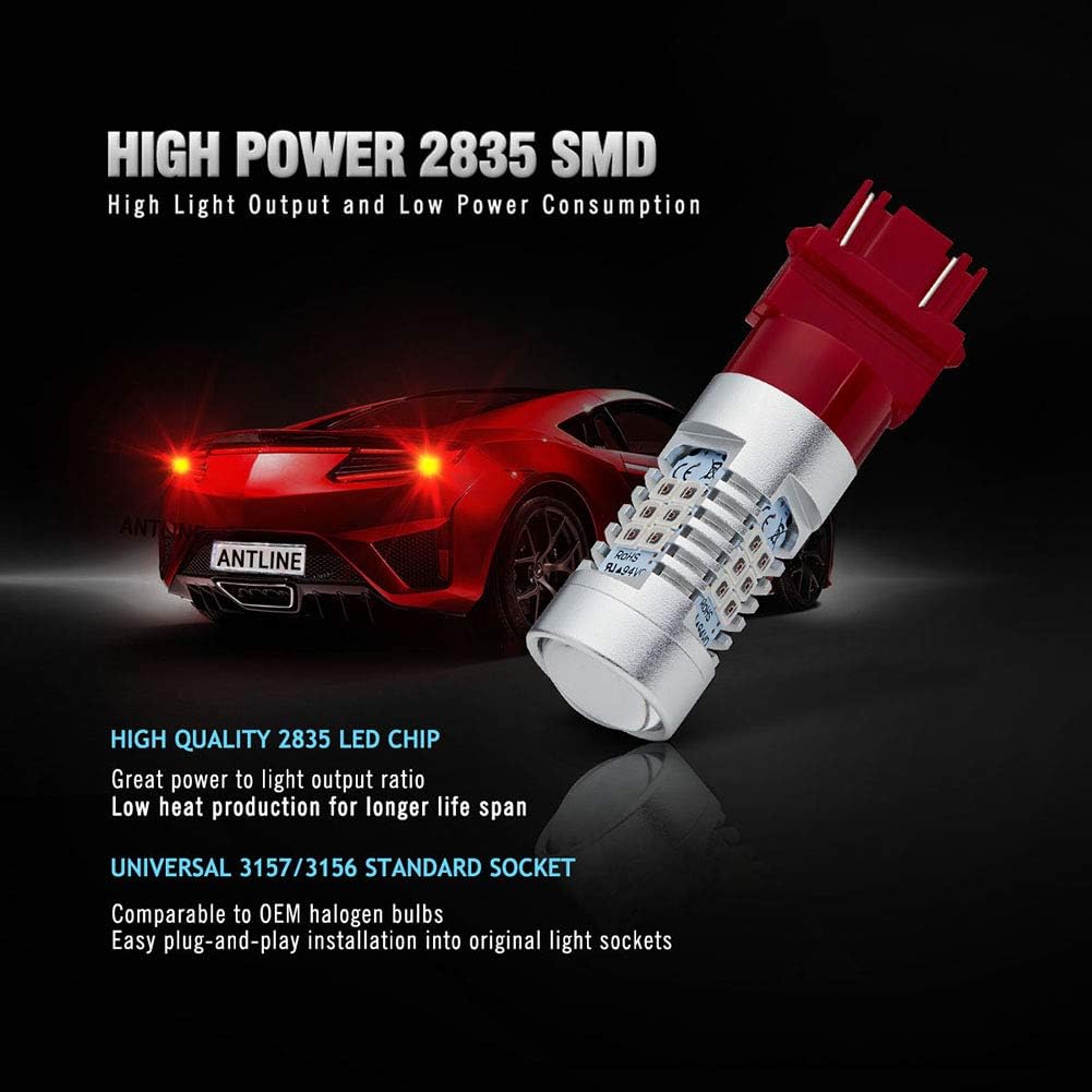 Antline Extremely Bright 3157 3156 3156A 3057 4057 4157 3057LL 3457 3157K 21-SMD 1260 Lumens LED Bulb Replacement Brilliant Red For Car Brake Tail