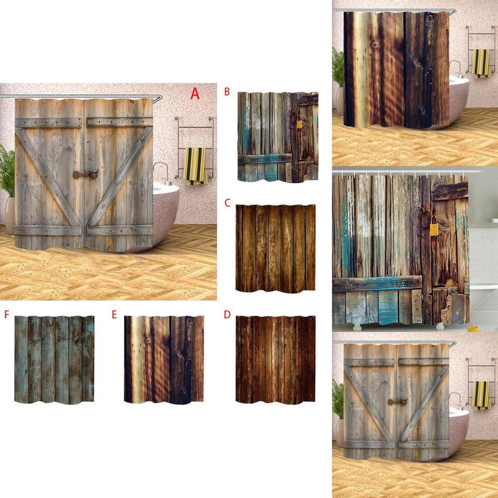 Rustic Curtain Shower Wood Barn Door Pattern Bath Curtain Waterproof Hooks With