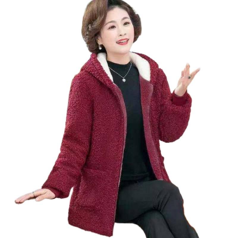 2025 Stylish Winter Coat for Middle-Aged Women: Plus Size, Hooded, Thickened Fleece Jacket with Velvet, Autumn/Winter