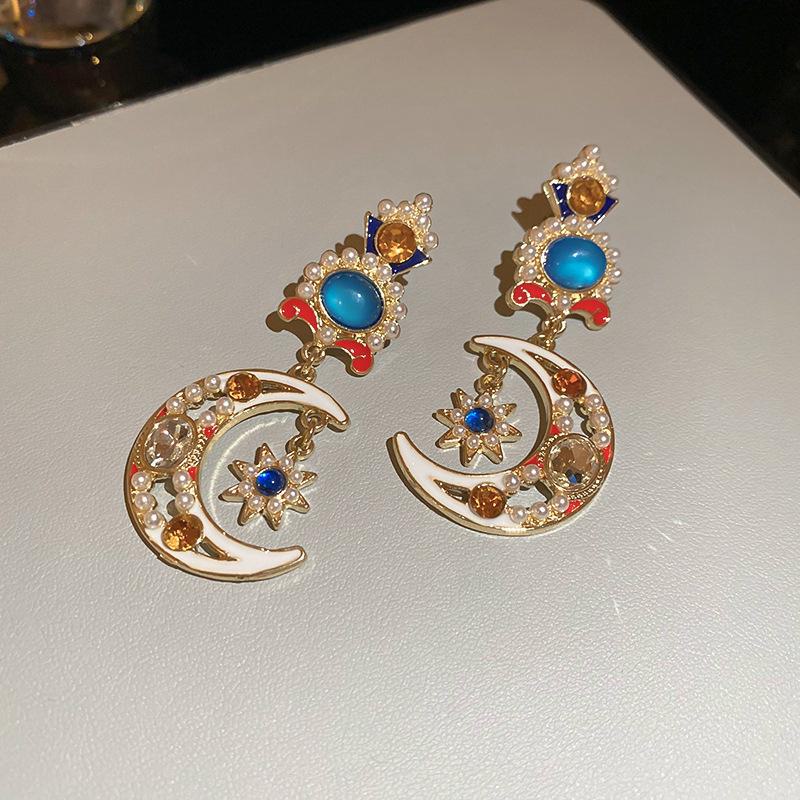 

Серьги-подвески «Серебряная игла» в стиле ретро, с бриллиантами в виде капли масла, звезды и луны, с жемчугом - Французский стиль высокого класса Silver Needle золотой