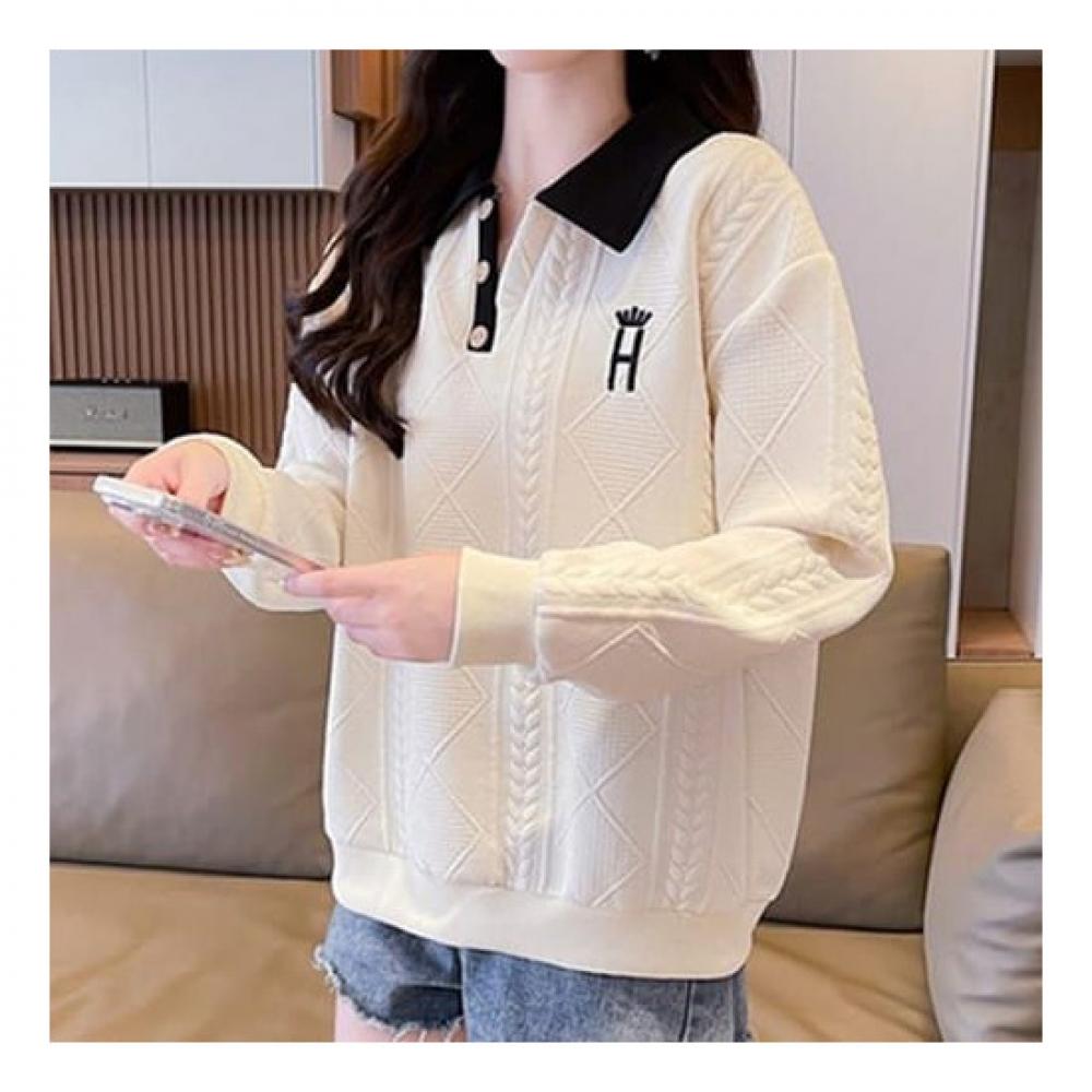 Navava Men Cable Knit Point Long Sleeve Collar Sweatshirt Nt1941