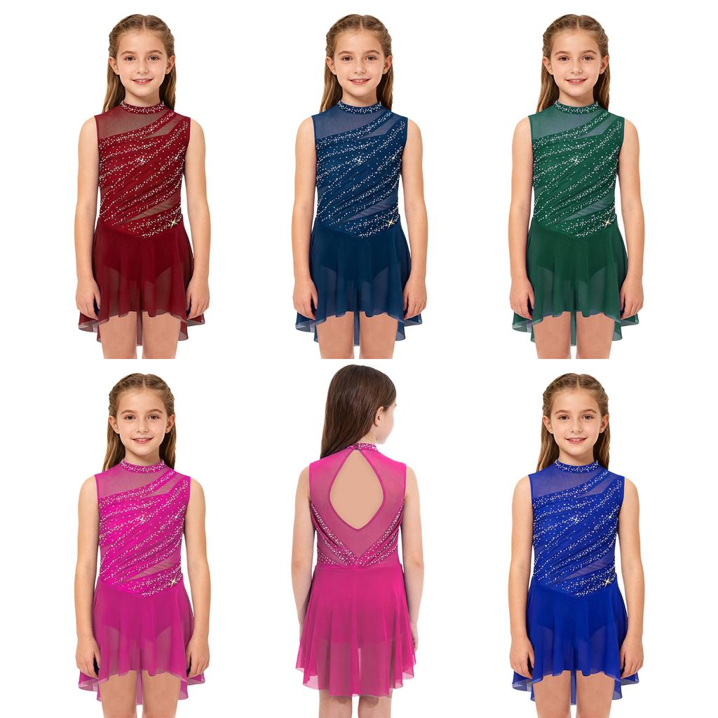 Girls Mesh Patchwork Sleeveless Cutout Back Ruched High Low Hem Shiny Rhinestone Dress Dance Performance Gown