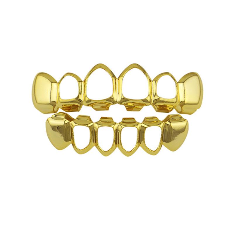 hot! Gold Electroplating Fashionable Hollow-out Teeth Grillz Set Teeth Socket Shiny False Teeth for