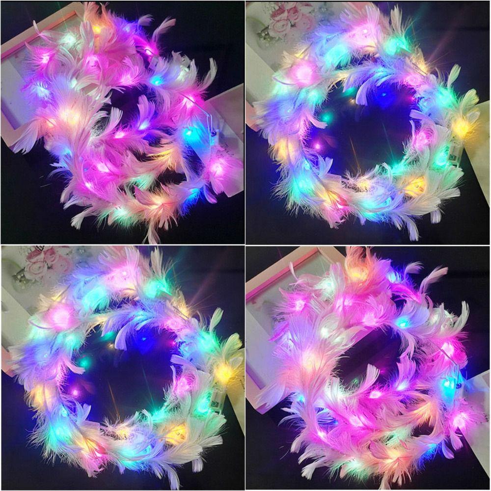 Christmas White Feather Luminous Garland New Year Women Hairband LED Feather Headband Party