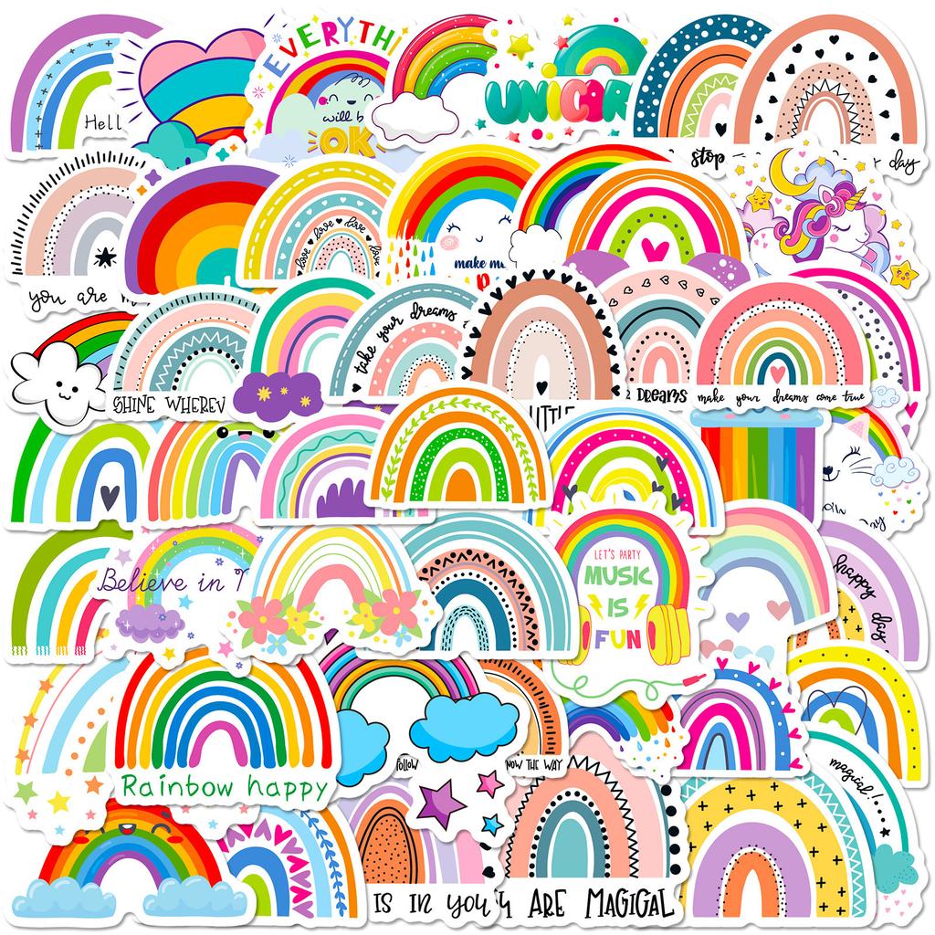 50 Rainbow Stickers Bohemian Rainbow Stickers Children'S Birthday Party Cartoon Graffiti Waterproof Stickers