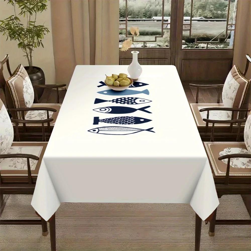 with Chic Blue Fish Pattern Polyester Tablecloth - Ideal for Picnics, Holidays, Vintage Home & Dining Table Decor