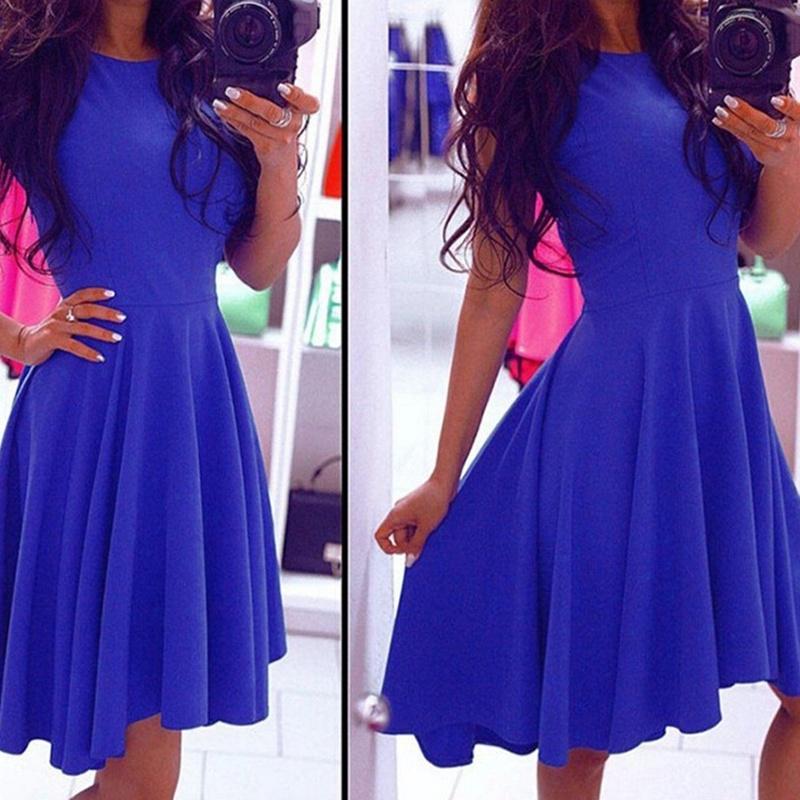 Fashion Women Sleeveless Asymmetric Hem Casual Sundress In Elegant Pure Color