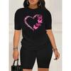 Completo Donna Taglia Europea per San Valentino con Cuore e Motivo Farfalla Stampati - T-shirt Casual Nera a Maniche Corte, vestibilità comoda(Solo top)
