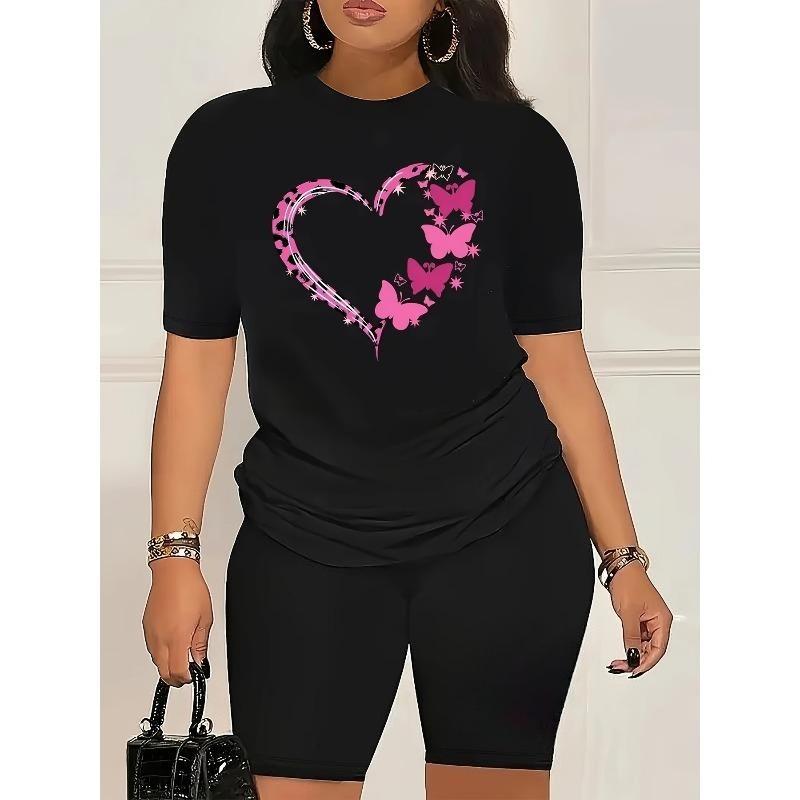 Completo Donna Taglia Europea per San Valentino con Cuore e Motivo Farfalla Stampati - T-shirt Casual Nera a Maniche Corte, vestibilità comoda(Solo top)