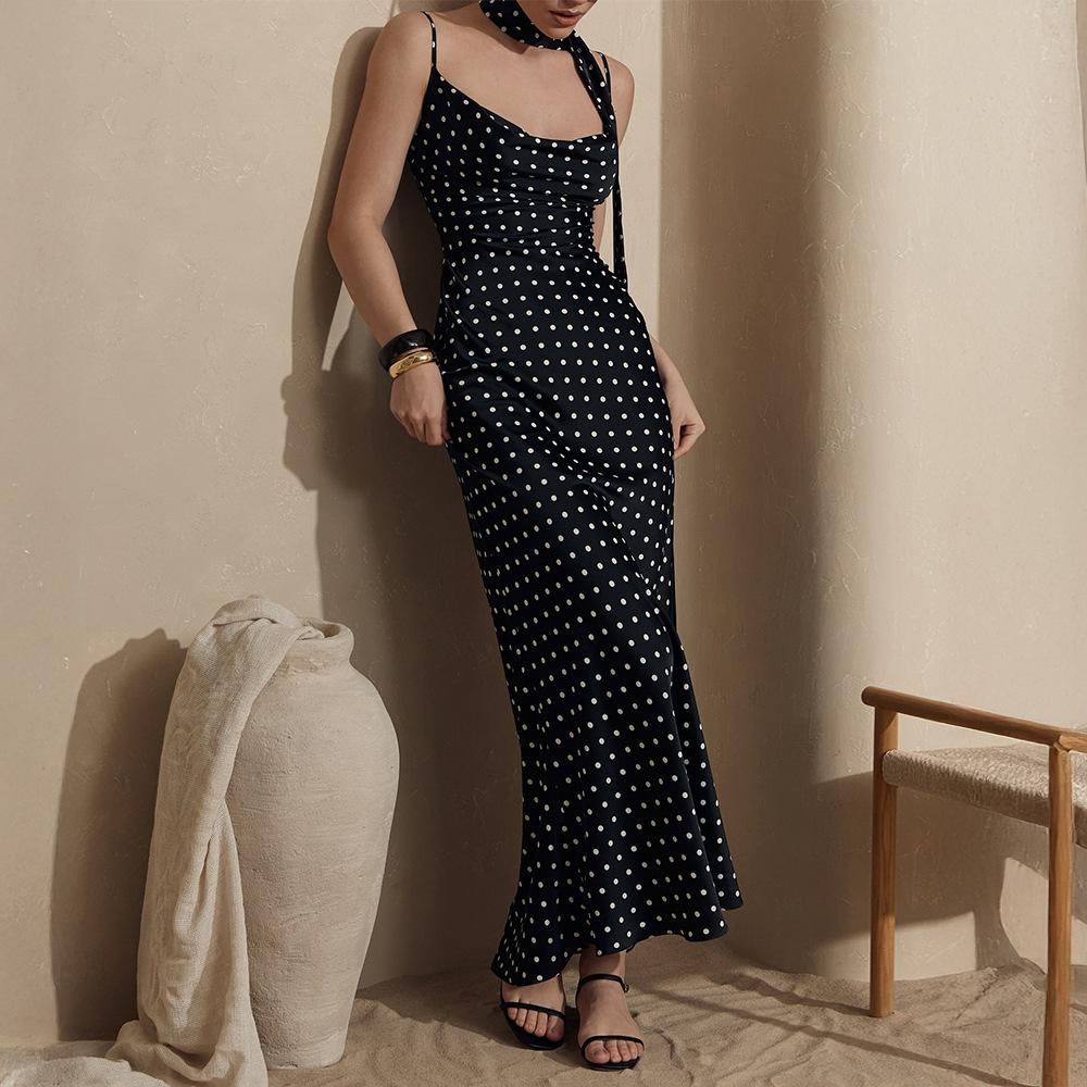 Suspender Long Dress European and American Summer New Neck Strap Fishtail Skirt Temperament Polka Dot Long Dress
