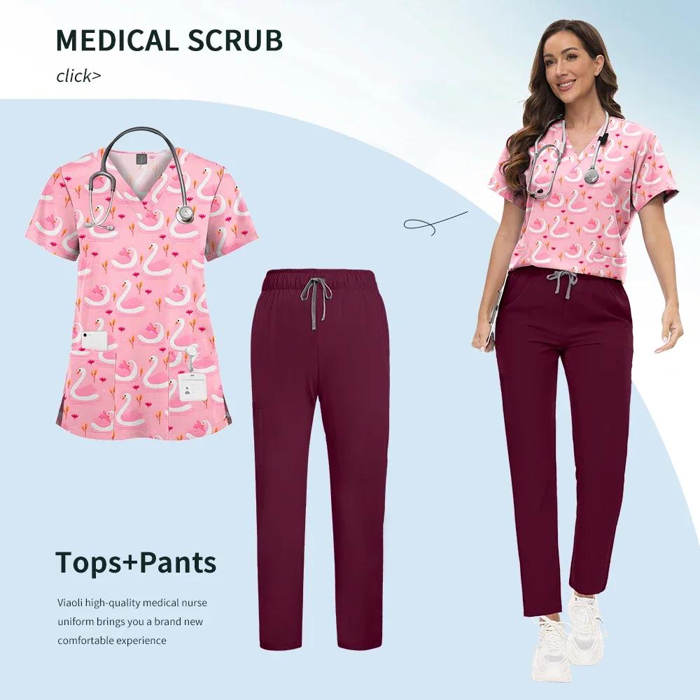 Printed Scrub Uniform Set V Neck Short Sleeves Pockets Top Medical Soft Scrub Pants Sets Nurse Surgical Uniforms Woman