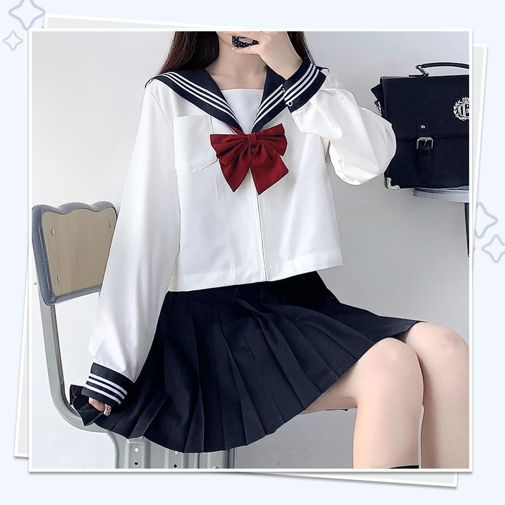 GSYCL Sailor Authentic Navy Blue with Red Long Short High School JK Pleated Traditional Perfect for Plus Cute Sleeve Size Uniform, Bow, Sleeves,