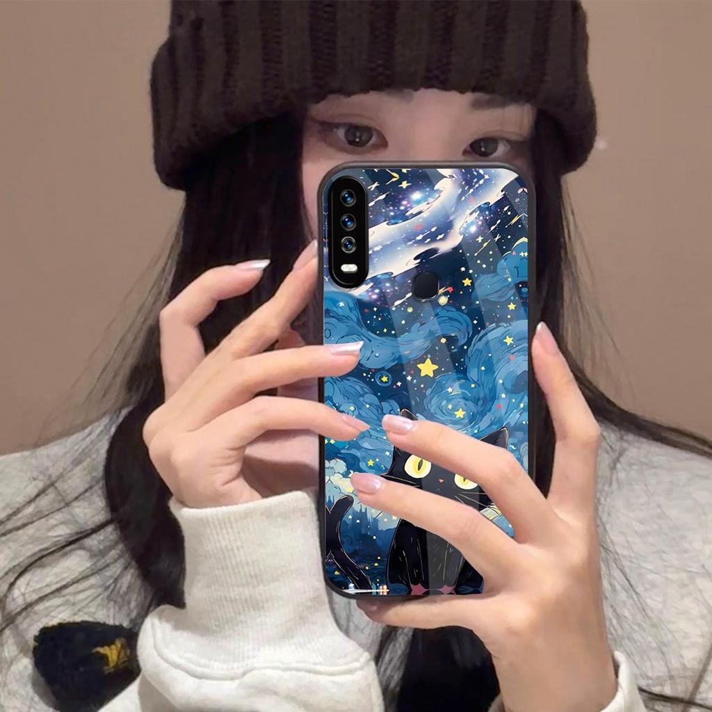 Case for Vivo Y17 Y15 2020 Y12 Y11 Anime Black Cat Starry Cloud Print Phone Cover Acrylic Hard Back Shell With Flexible TPU Edge