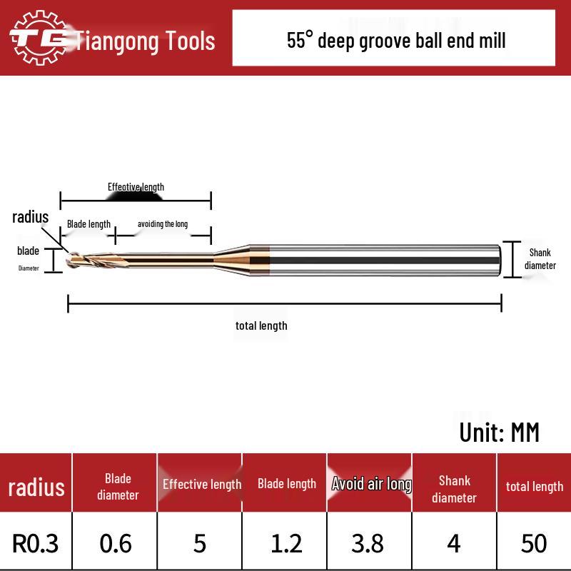Tiangong Wolframová ocel R0.5 Kulová fréza 0.75 Legovaný krček, 2břitá, 55° Potažená, Prodloužená Hluboká drážka 1, 1.25