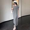 Dimanaf 2024 Plus Size Summer T-Shirt Dress Women Loose Show Thin O-Neck Vintage Cotton Casual Spliced Short Sleeve Solid Long Dress