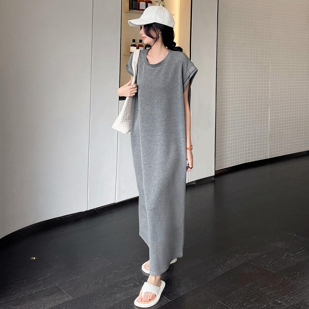 Dimanaf 2024 Plus Size Summer T-Shirt Dress Women Loose Show Thin O-Neck Vintage Cotton Casual Spliced Short Sleeve Solid Long Dress