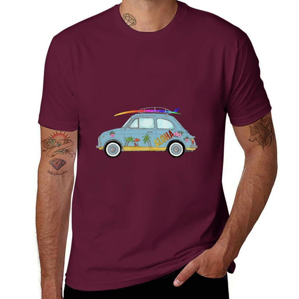 Fiat 500 with Surf Board T-Shirt Blanks Graphics Customs Heavyweight T Shirts for Men