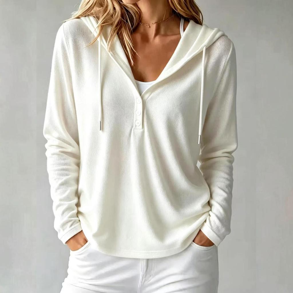 Women's Casual Loose Fit Long Sleeve Hooded Top with and Buttons for Everyday Wear