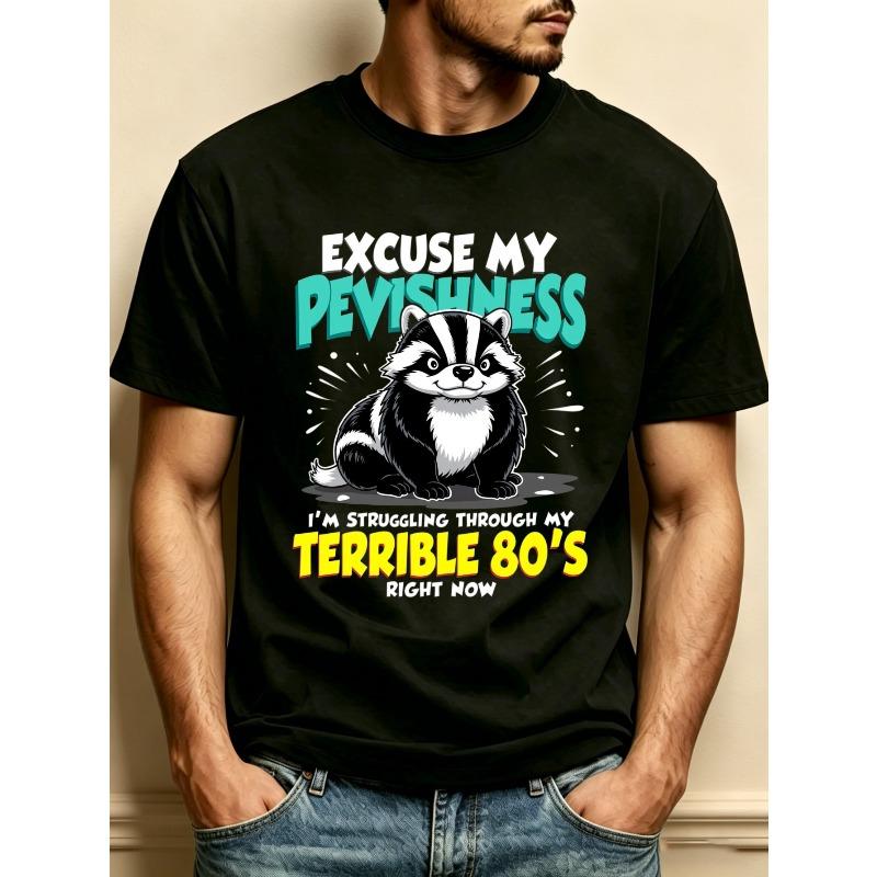 

European sizes Cartoon Badger Design With Humorous Text Mens Crewneck T Shirt Loose Fit 100 Percent Fashion Versatile Soft And Comfortable Fabric S чёрный