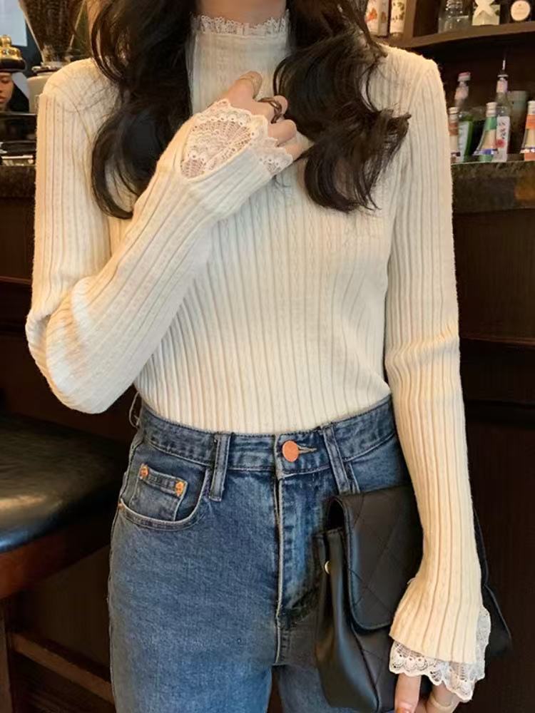 

Sweet wind knitted sweater spliced lace slim fit inside women s autumn and winter new pullover sweater bottoming shirt one size fits all абрикосовий