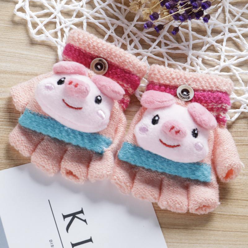 

Мультяшные варежки-свинки для мальчика и девочки, откидные, детские зимние теплые, детские с открытыми пальцами, детские от холода One size