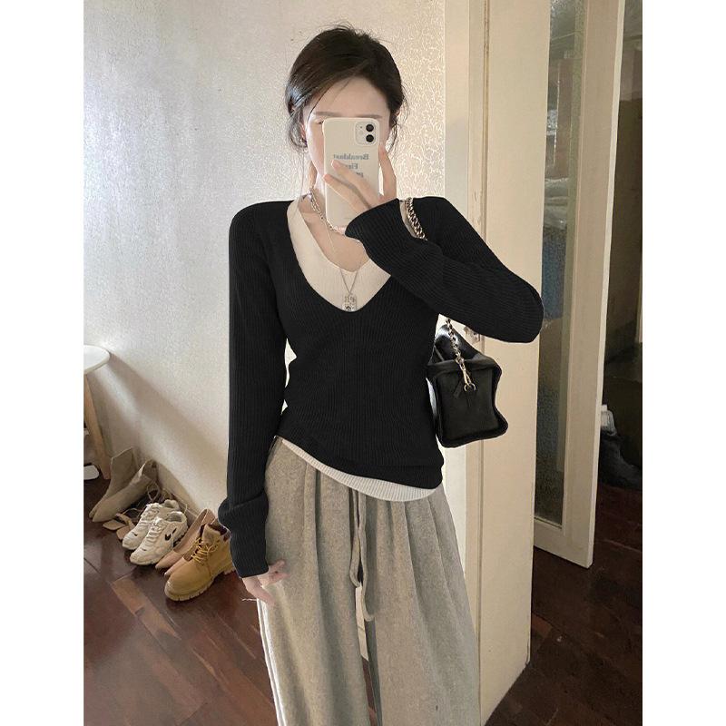 

DAFIFY Женская мода повседневная осень-зима однотонный принт длинный рукав V-образный вырез свитера Size: One Size чёрный