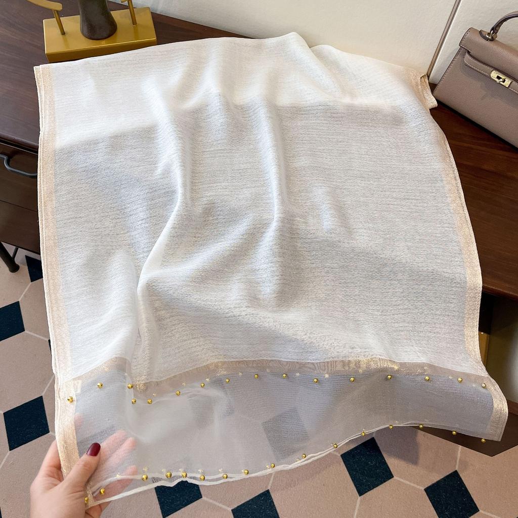 New Spring and Summer Thin Gold-edged Beaded Scarf Scarf for Women Solid Color Versatile Shawl Korean Version of Imitation Silk Long Silk Scarf