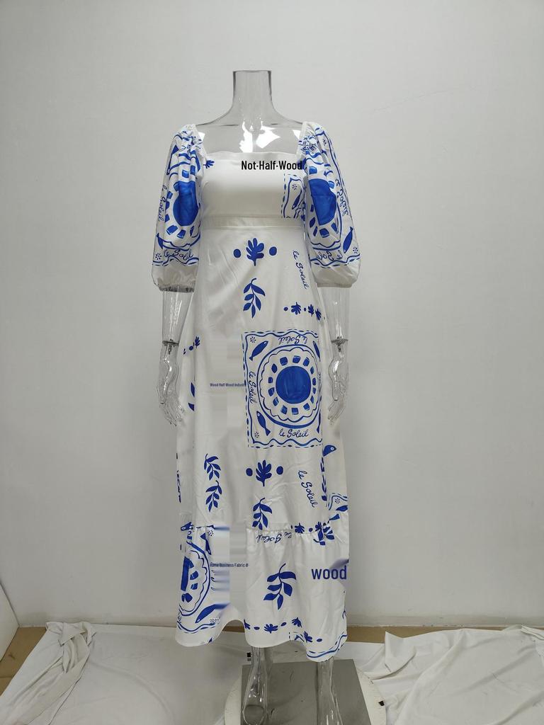2026 Spring Women's Casual One-Shoulder Print Lantern Sleeve Slim Fit Dress